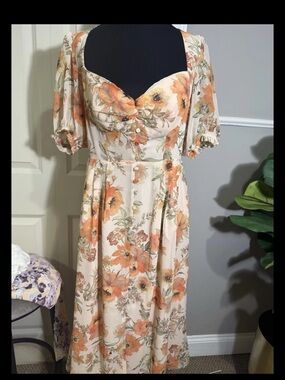 Floral Peach Midi Dress with Sweetheart Bodice